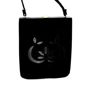 Vintage mid century black wool velour handbag purse pocketbook top handle bag